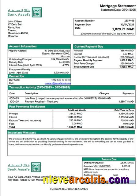 Morocco Bank As-Safa mortgage statement Word and PDF template
